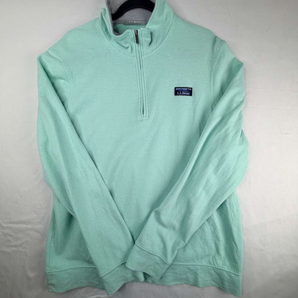 LL Bean Mens Traditional Fit Quarter Zip Pullover Mint Green Waffle Knit Large